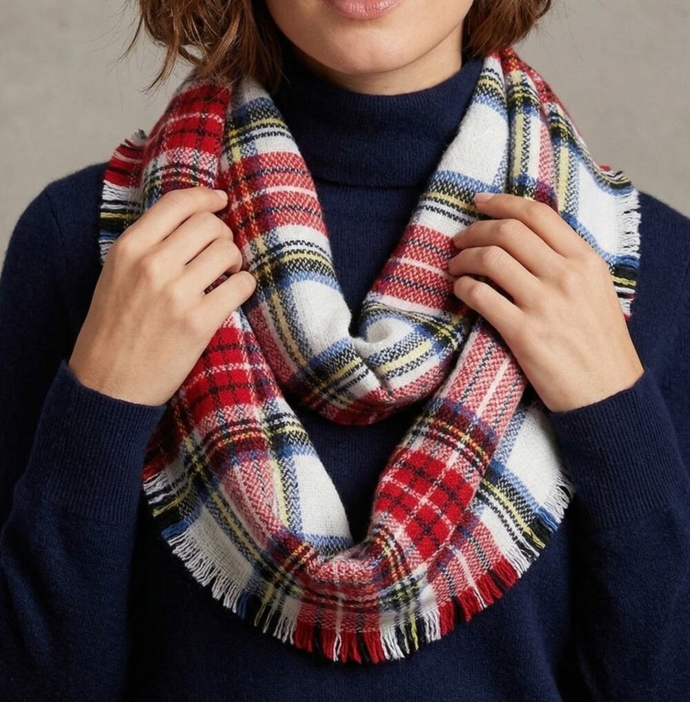 Ruggine Plaid Infinity Scarf with Fringe Red White Green Blue Yellow Acrylic